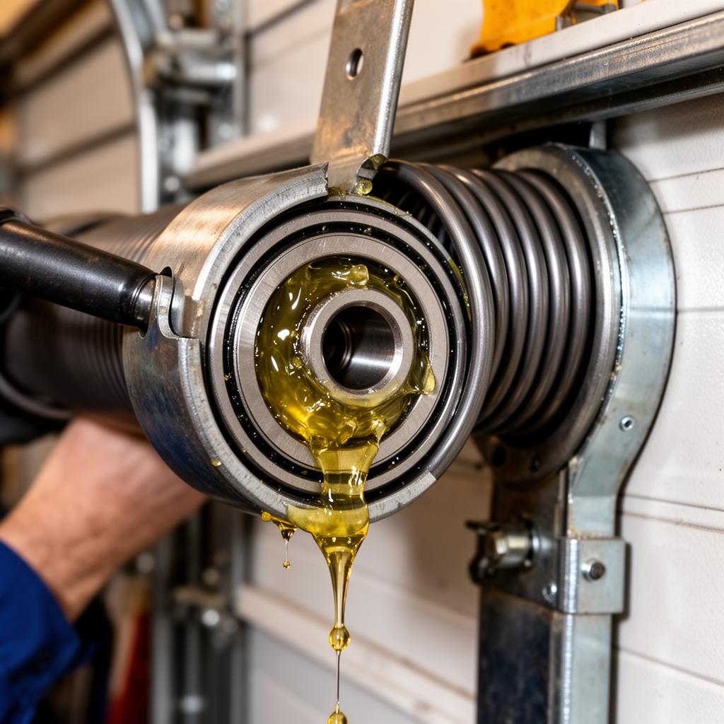 Close-up of garage door bearing and spring mechanism with lubrication