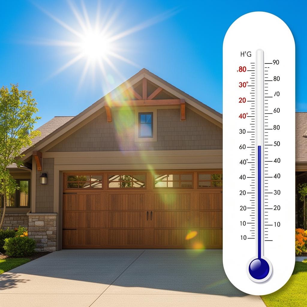 Garage door on sunny summer day with thermometer showing high temperature
