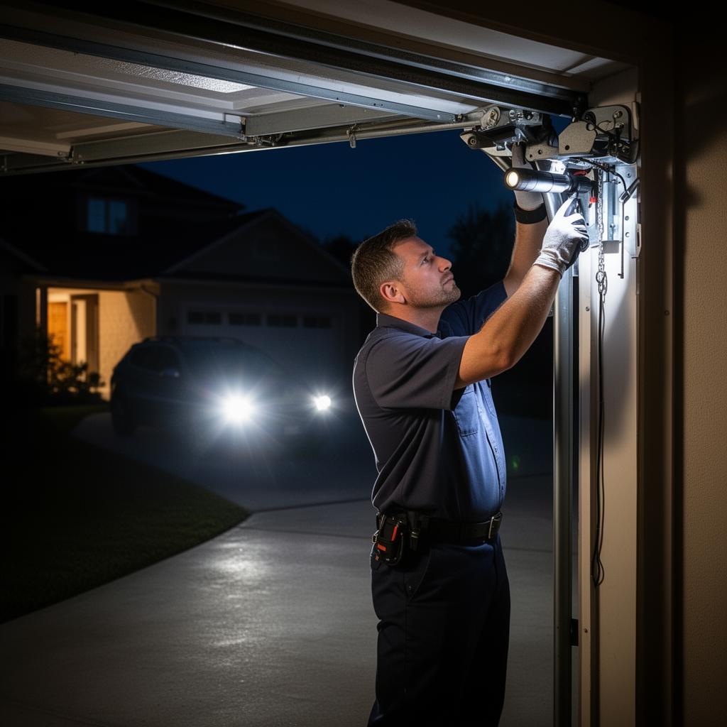 Emergency garage door repair technician working at night with professional equipment