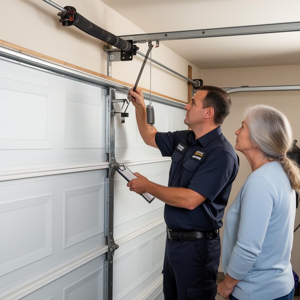 Garage door maintenance inspection with technician checking springs and cables